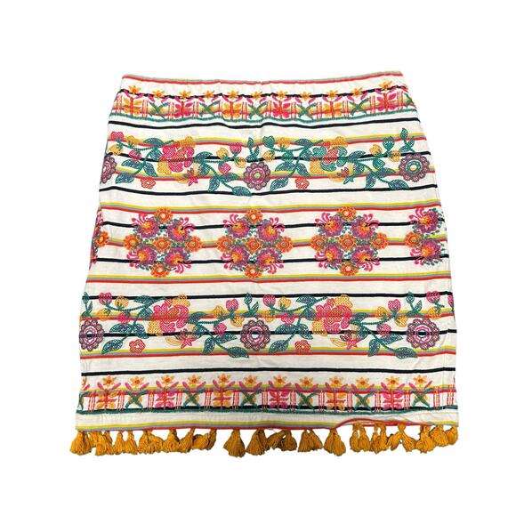 THML White Multicolor Floral Embroidered Fringe Trim Mini Skirt Womens Small - Picture 1 of 5